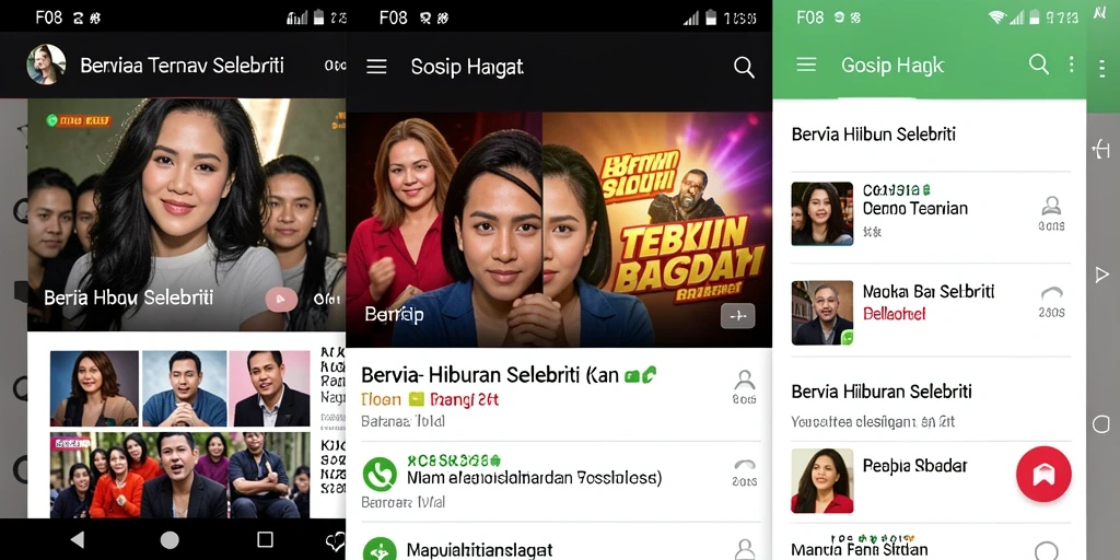 Antarmuka F08 menampilkan berita selebriti terkini dengan desain menarik.
