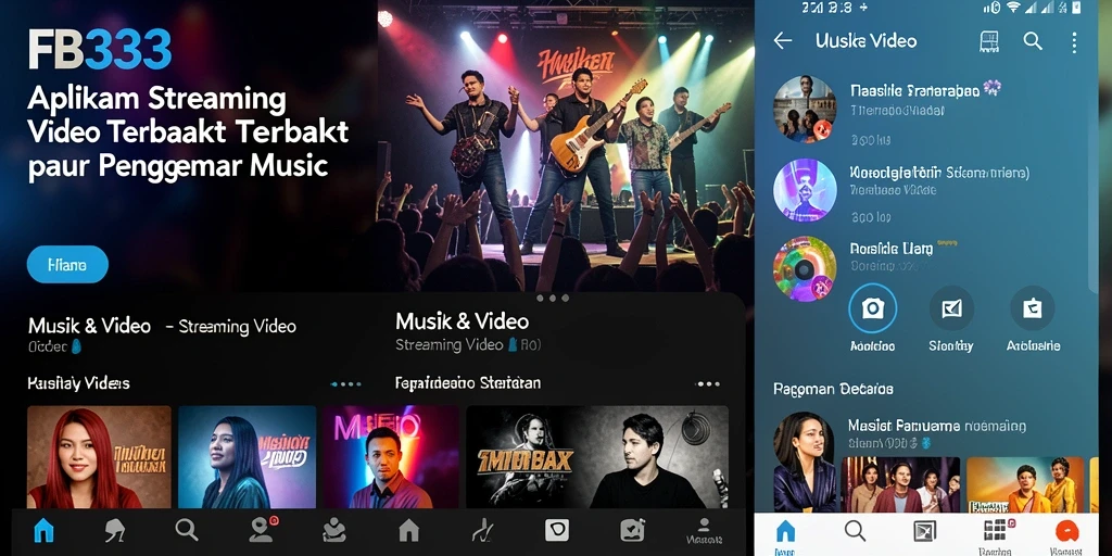 Antarmuka FB333 menampilkan berbagai genre musik dan video dengan menarik.
